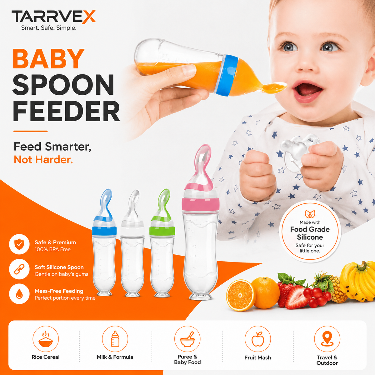 Baby Spoon Feeder | 90ml Silicone Squeeze Feeding Bottle with Spoon for Infants & Toddlers