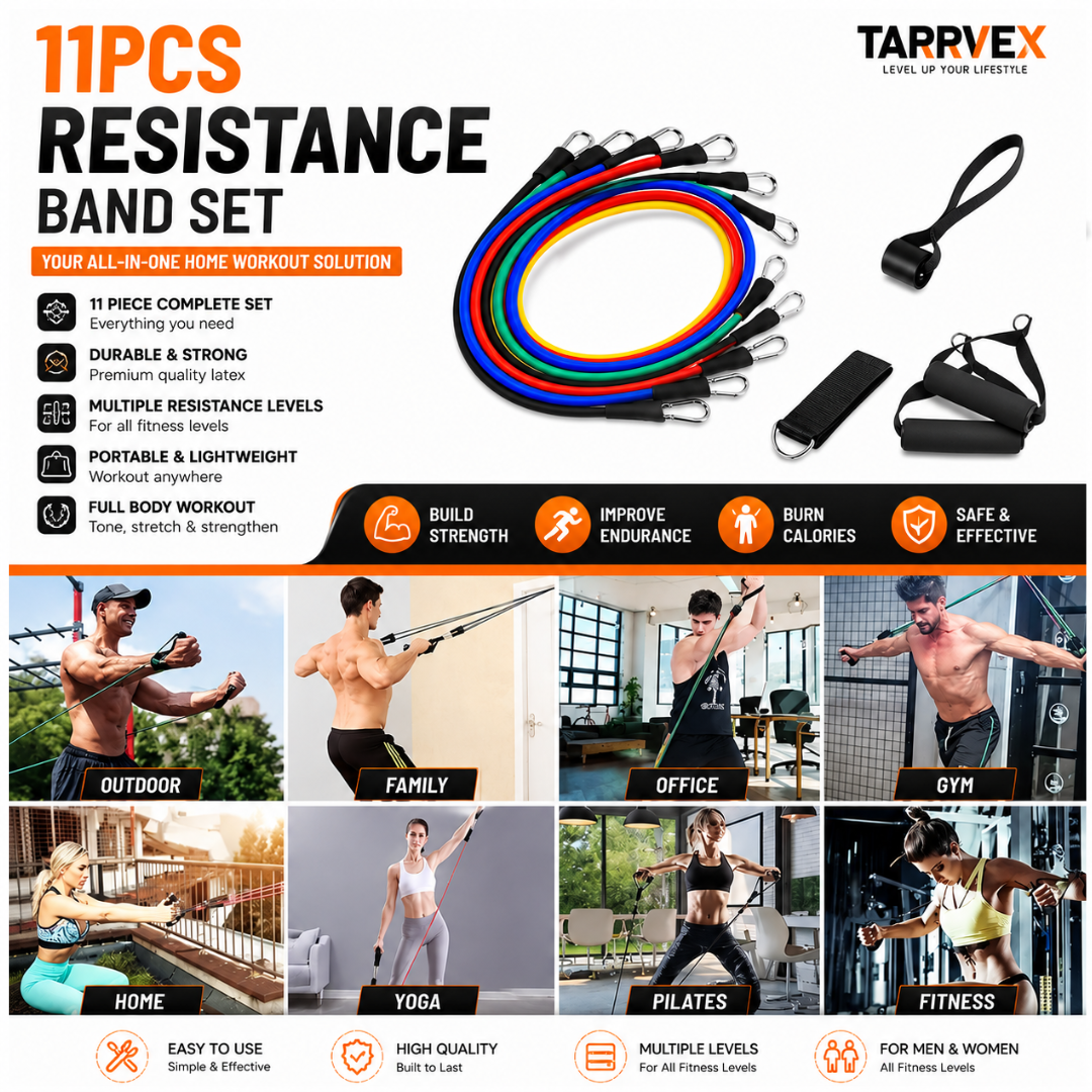 11-Piece Resistance Bands Set – Premium Home Gym Workout Kit with Handles, Door Anchor & Ankle Straps