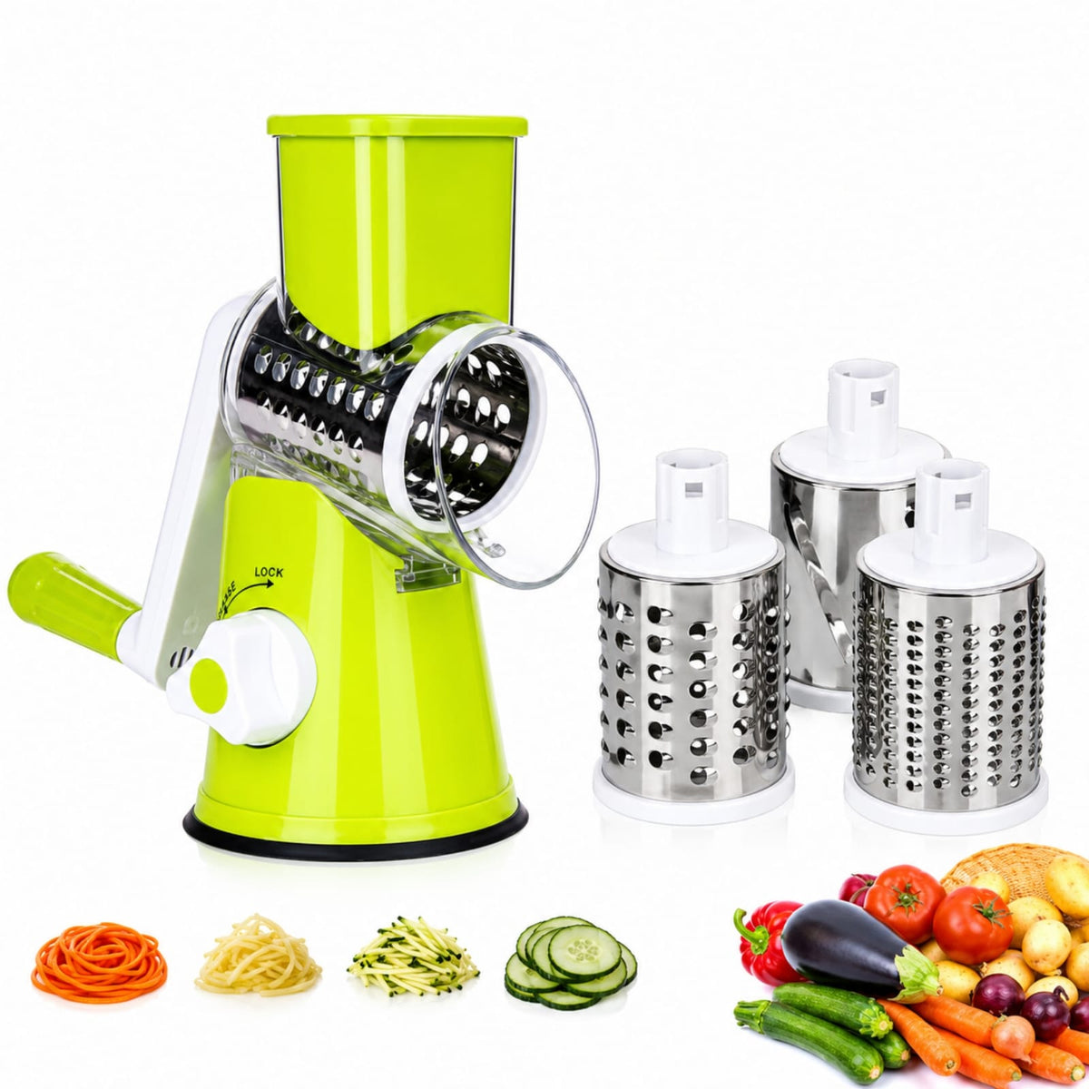 Table Top Drum Vegetable Cutter | Hand Crank Rotary Slicer & Grater